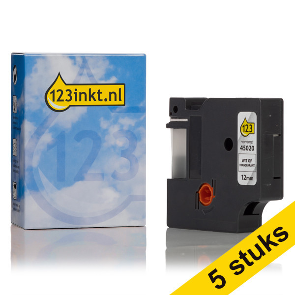 Aanbieding: 5x Dymo S0720600 / 45020 tape wit op transparant 12 mm (123inkt huismerk) S0720600C 650568 - 1