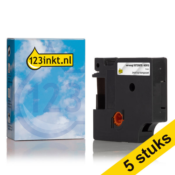 Aanbieding: 5x Dymo S0720670 / 40910 tape zwart op transparant 9 mm (123inkt huismerk)  650555 - 1