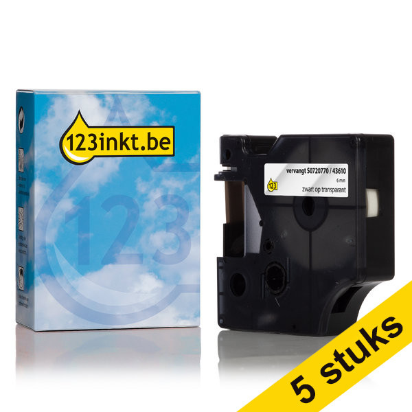 Aanbieding: 5x Dymo S0720770 / 43610 tape zwart op transparant 6 mm (123inkt huismerk) S0720770C 650570 - 1