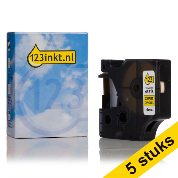 Aanbieding: 5x Dymo S0720790 / 43618 tape zwart op geel 6 mm (123inkt huismerk) S0720790C 650598 - 1