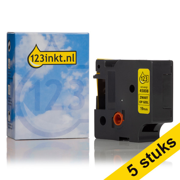 Aanbieding: 5x Dymo S0720880 / 45808 tape zwart op geel 19 mm (123inkt huismerk) S0720880C 650588 - 1
