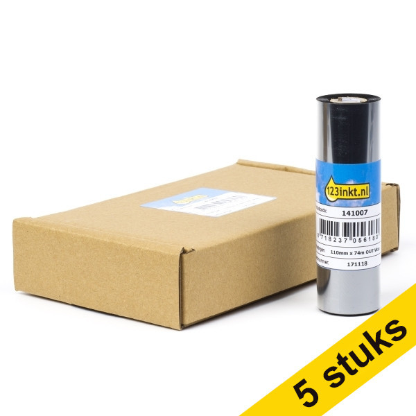 Aanbieding: 5x Zebra 2300 wax ribbon (02300GS11007) 110 mm x 74 m (5 ribbons) 123inkt huismerk 02300GS11007C 650713 - 1