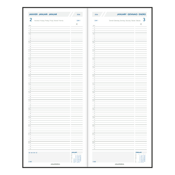 Aurora Longo Balacron dagagenda met kwartierindeling 2026 zwart (1 dag per pagina) 6-talig 330146 - 2