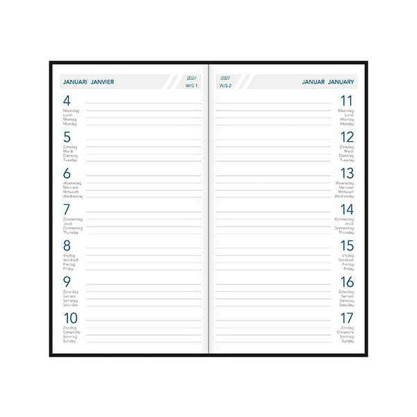 Aurora Timeplan Seta weekagenda 2027 blauw (1 week per pagina) 4-talig 440167 - 2