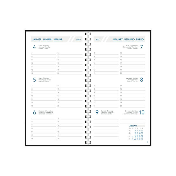 Aurora Visuplan Perl Luna weekagenda met uurindeling 2027 blauw (1 week per 2 pagina's) 6-talig 440161 - 2