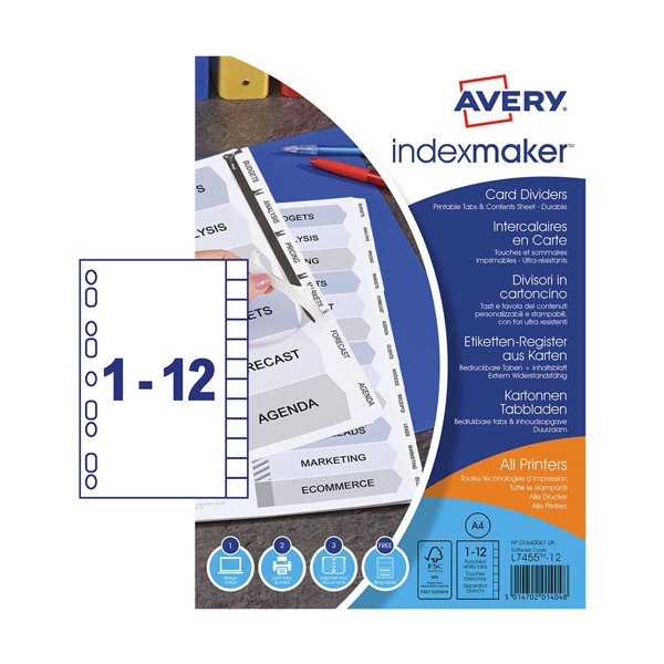 Avery IndexMaker L7410-12M bedrukbare kartonnen tabbladen A4 met 12 tabs (9-gaats) 01640061 212824 - 1