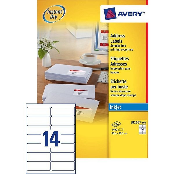 Avery J8163-100 adresetiketten A4 99,1 x 38,1 mm wit (1400 etiketten) J8163-100 212310 - 1