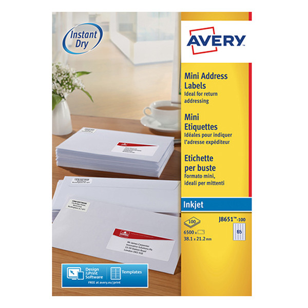 Avery J8651-100 adresetiketten A4 38,1 x 21,2 mm wit (6500 etiketten) J8651-100 212262 - 1