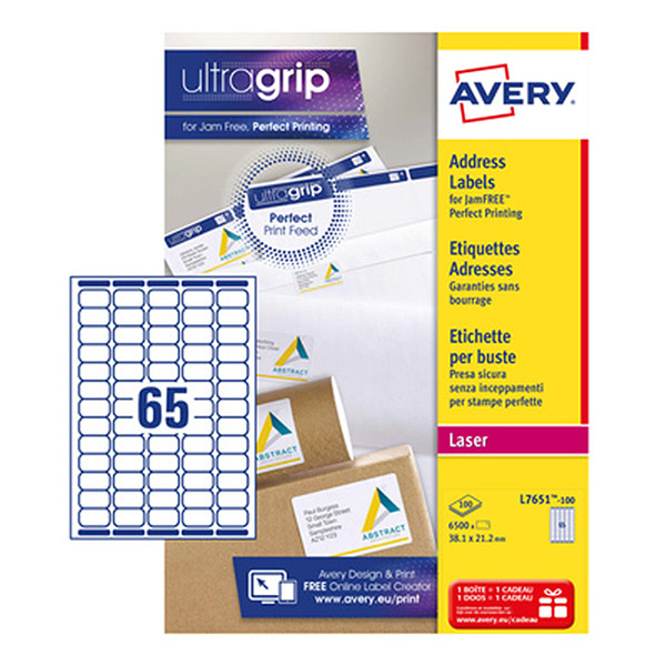 Avery L7651-100 adresetiketten A4 38,1 x 21,2 mm wit (6500 etiketten) L7651-100 212100 - 1