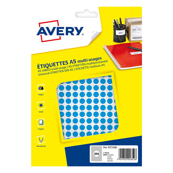 Avery PET08B markeringspunten Ø 8 mm blauw (2940 etiketten) AV-PET08B 212704 - 1