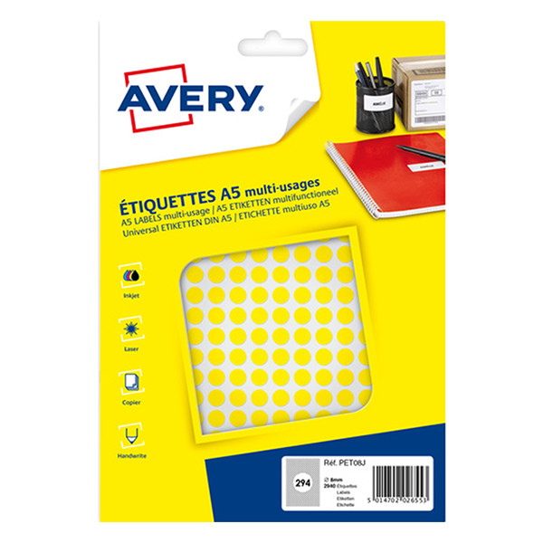 Avery PET08J markeringspunten Ø 8 mm geel (2940 etiketten) AV-PET08J 212705 - 1