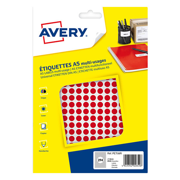Avery PET08R markeringspunten Ø 8 mm rood (2940 etiketten) AV-PET08R 212706 - 1