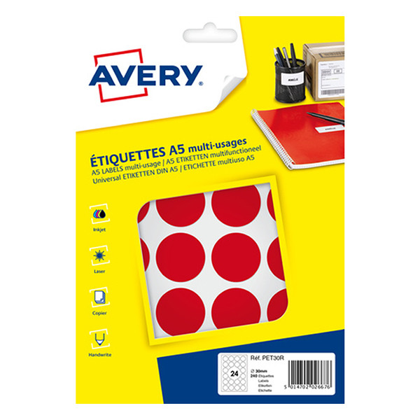 Avery PET30R markeringspunten Ø 30 mm rood (240 etiketten) AV-PET30R 212724 - 1
