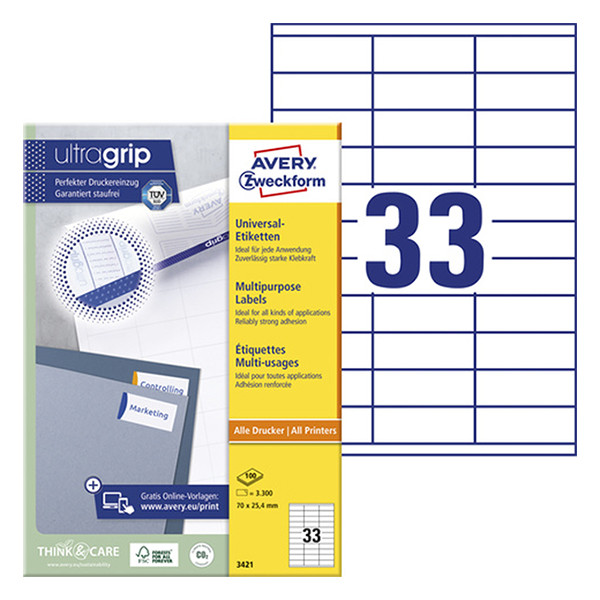 Avery Zweckform 3421 universele etiketten A4 70 x 25,4 mm wit (3300 etiketten) 3421 212036 - 1