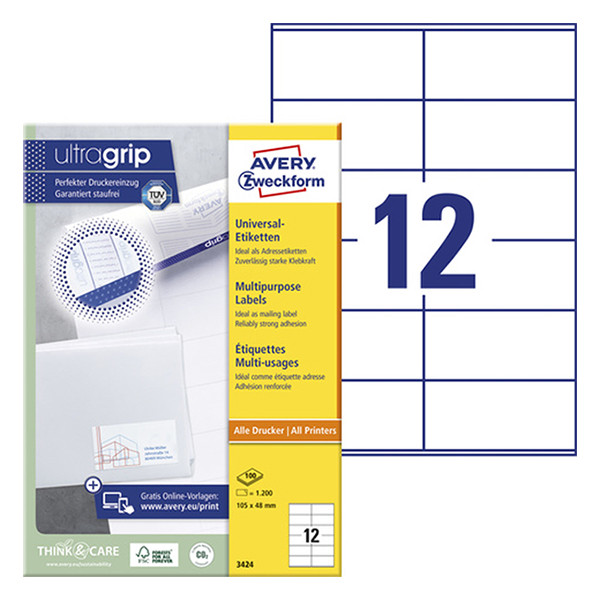 Avery Zweckform 3424 universele etiketten A4 105 x 48 mm wit (1200 etiketten) 3424 212010 - 1