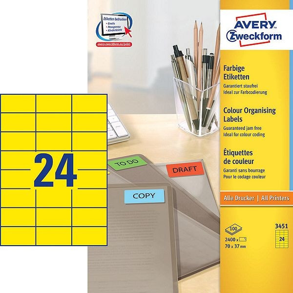 Avery Zweckform 3451 universele etiketten geel 70 x 37 mm (2400 etiketten) 3451 212080 - 1