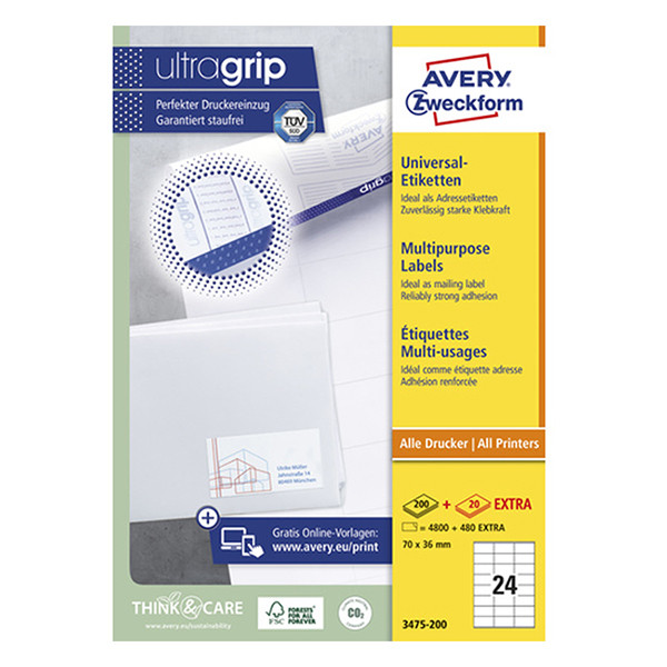 Avery Zweckform 3475-200 universele etiketten A4 70 x 36 mm wit (4800 etiketten) 3475-200 212476 - 1