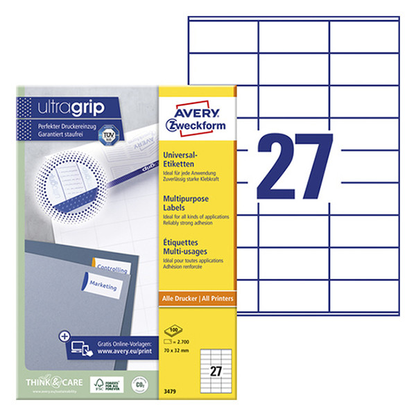 Avery Zweckform 3479 universele etiketten A4 70 x 32 mm wit (2700 etiketten) 3479 212038 - 1
