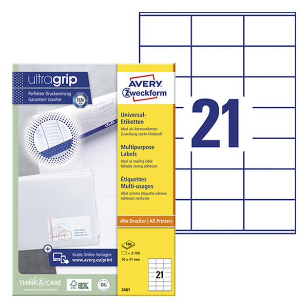 Avery Zweckform 3481 universele etiketten A4 70 x 41 mm wit (2100 etiketten) 3481 212044 - 1