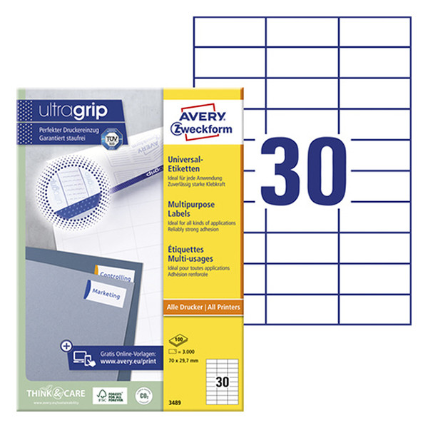 Avery Zweckform 3489 universele etiketten A4 70 x 29,7 mm wit (3000 etiketten) 3489 212480 - 1