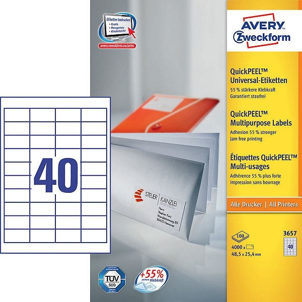 Avery Zweckform 3657 universele etiketten A4 48,5 x 25,4 mm wit (4000 etiketten) 3657 212026 - 1