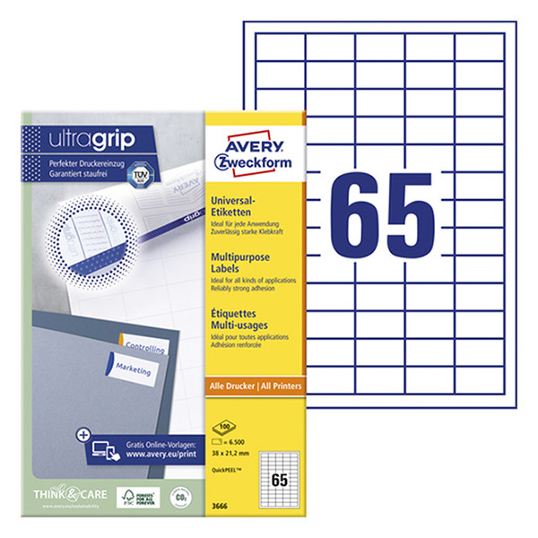 Avery Zweckform 3666 universele etiketten A4 38 x 21,2 mm wit (6500 etiketten) 3666 212022 - 1