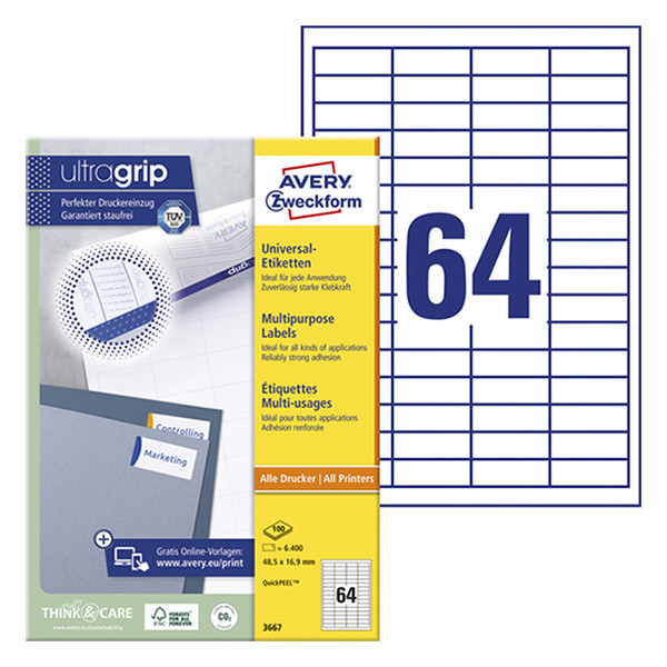 Avery Zweckform 3667 universele etiketten A4 48,5 x 16,9 mm wit (6400 etiketten) 3667 212024 - 1