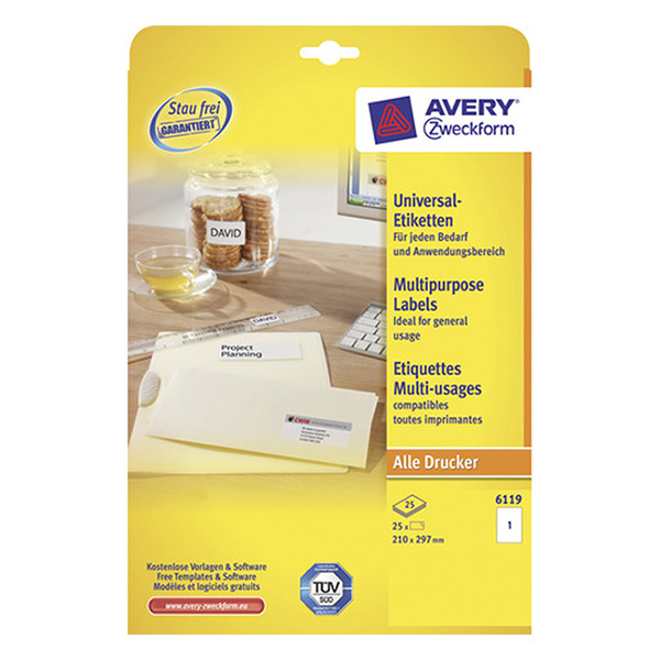 Avery Zweckform 6119 universele etiketten A4 210 x 297 mm wit (25 etiketten) 6119 212631 - 1