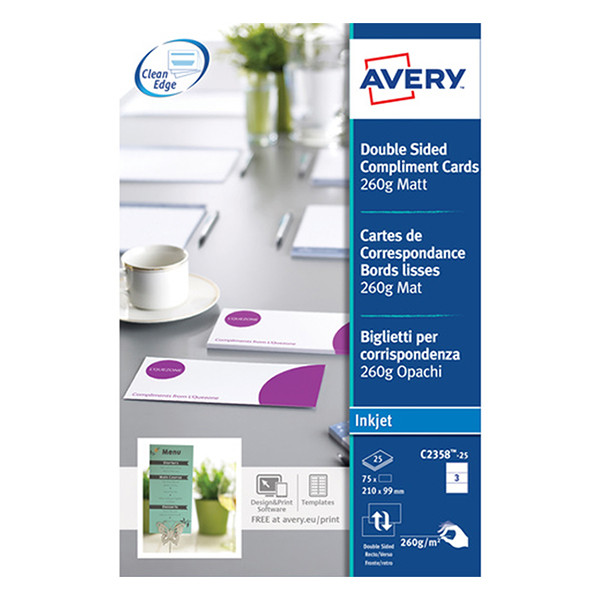 Avery Zweckform C2358-25 complimentenkaartjes wit 99 x 210 mm (75 stuks) C2358-25 212792 - 1