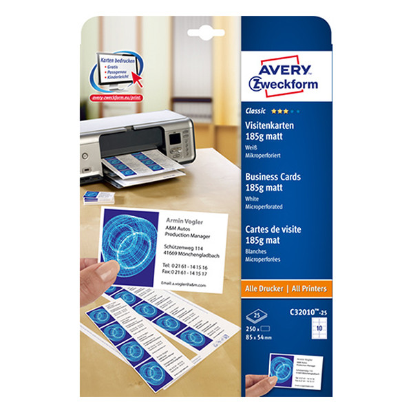 Avery Zweckform C32010-25 visitekaarten satijn wit 85 x 54 mm (250 stuks) microperforatie C32010-25 212780 - 1