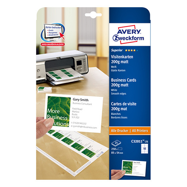 Avery Zweckform C32011-25 visitekaarten mat wit 85 x 54 mm (250 stuks) C32011-25 212782 - 1