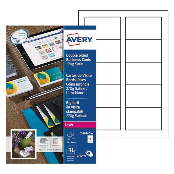 Avery Zweckform C32026-25 visitekaarten zijdeglans mat wit 85 x 54 mm (250 stuks) C32026-25 212791 - 1