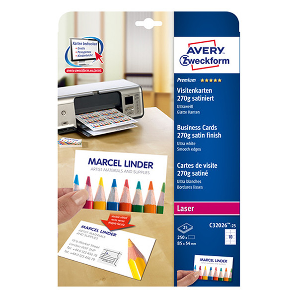 Avery Zweckform C32026-25 visitekaarten zijdeglans mat wit 85 x 54 mm (250 stuks) C32026-25 212791 - 1