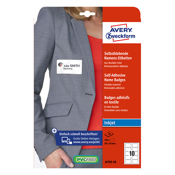 Avery Zweckform J4785-20 zelfklevende naambadge-etiketten voor inkjetprinters 50 x 80 mm wit (200 naambadges) AV-J4785-20 212686 - 1