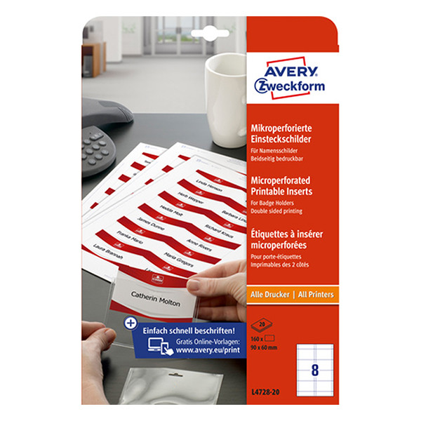 Avery Zweckform L4728-20 naambadge insteekkaarten 60 x 90 mm wit (160 naambadges) L4728-20 212590 - 1