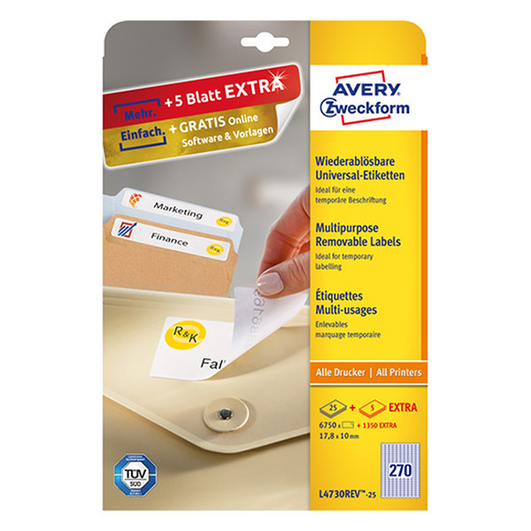 Avery Zweckform L4730-25 multifunctionele etiketten A4 17,8 x 10 mm wit (6750 etiketten) L4730REV-25 212572 - 1