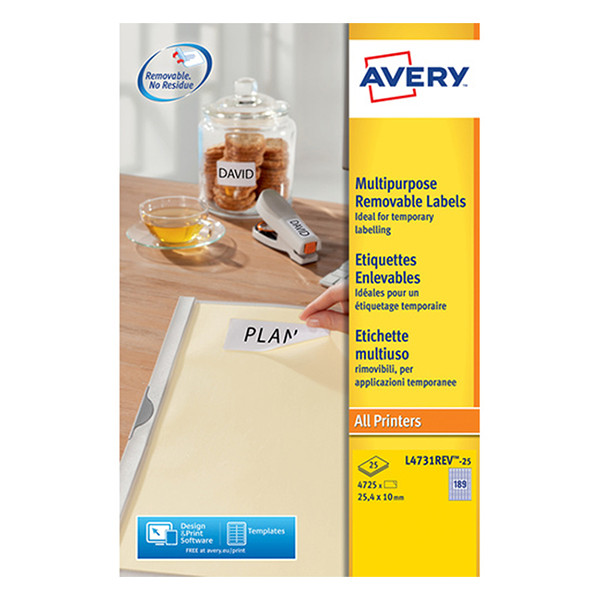 Avery Zweckform L4731-25 multifunctionele etiketten A4 25,4 x 10 mm wit (4725 etiketten) L4731REV-25 212574 - 1