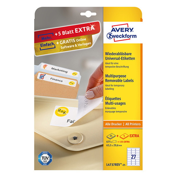 Avery Zweckform L4737-25 multifunctionele etiketten A4 63,5 x 29,6 mm wit (675 etiketten) L4737REV-25 212582 - 1
