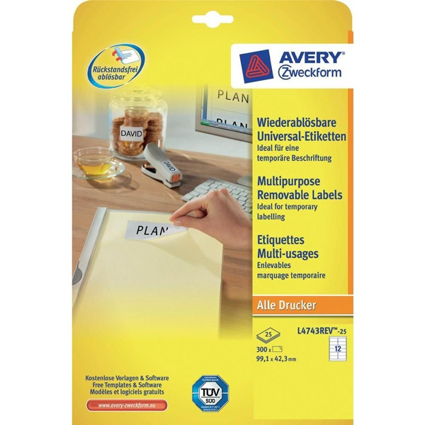 Avery Zweckform L4743-25 multifunctionele etiketten A4 99,1 x 42,3 mm wit (300 etiketten) L4743REV-25 212584 - 1