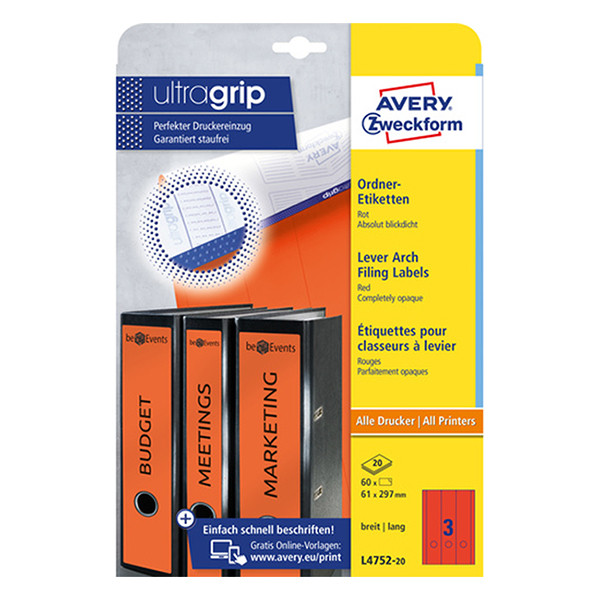 Avery Zweckform L4752-20 rugetiketten voor classeur 61 x 297 mm rood (60 etiketten) L4752-20 212124 - 1