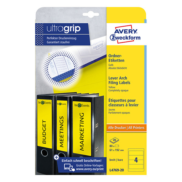 Avery Zweckform L4769-20 rugetiketten voor classeur 192 x 61 mm geel (80 etiketten) L4769-20 212526 - 1