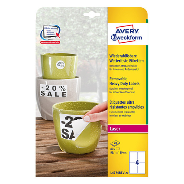 Avery Zweckform L4774REV-20 weerbestendige etiketten A4 99,1 x 139 mm wit (80 etiketten) L4774REV-20 212727 - 1