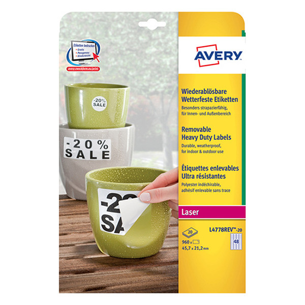 Avery Zweckform L4778REV-20 verwijderbare weerbestendige etiketten A4 45,7 x 21,2 mm (960 etiketten) L4778REV-20 212657 - 1