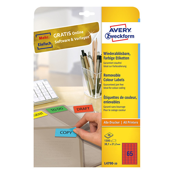 Avery Zweckform L4790-20 verwijderbare etiketten A4 38,1 x 21,2 mm rood (1300 etiketten) L4790-20 212768 - 1
