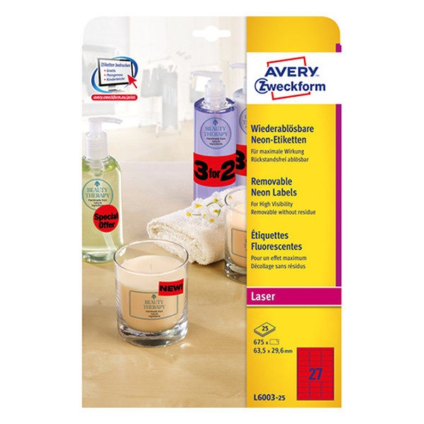 Avery Zweckform L6003-25 verwijderbare NEON etiketten A4 63,5 x 29,6 mm rood (675 etiketten) L6003-25 212758 - 1