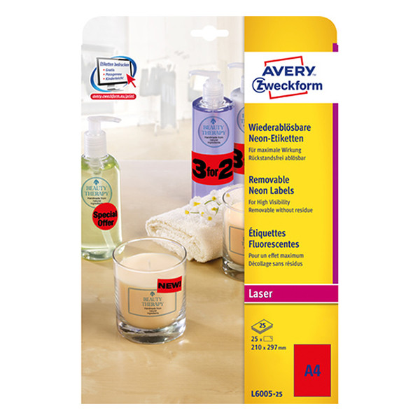 Avery Zweckform L6005-25 NEON etiketten A4 210 x 297 mm rood (25 etiketten) L6005-25 212747 - 1