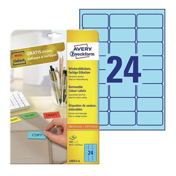 Avery Zweckform L6032-20 verwijderbare etiketten A4 63,5 x 33,9 mm blauw (480 etiketten) L6032-20 212754 - 1