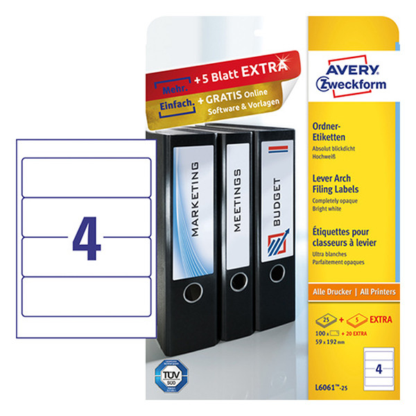 Avery Zweckform L6061-25 rugetiketten voor classeur 192 x 59 mm wit (100 etiketten) L6061-25 212136 - 1