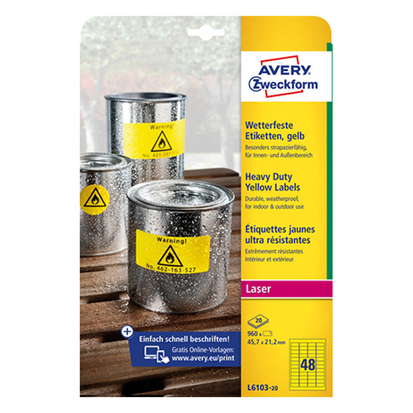 Avery Zweckform L6103-20 weerbestendige etiketten A4 45,7 x 21,2 mm geel (960 etiketten) L6103-20 212698 - 1
