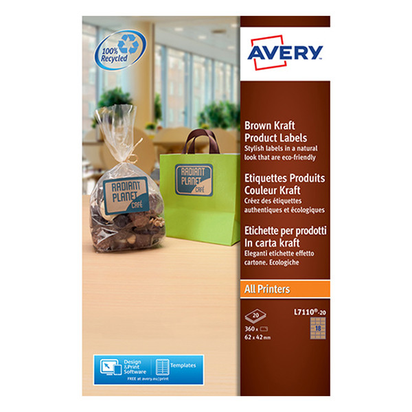 Avery Zweckform L7110-20 productetiketten rechthoekig 62 x 42 mm bruin-karton kleur (360 etiketten) L7110-20 212618 - 1